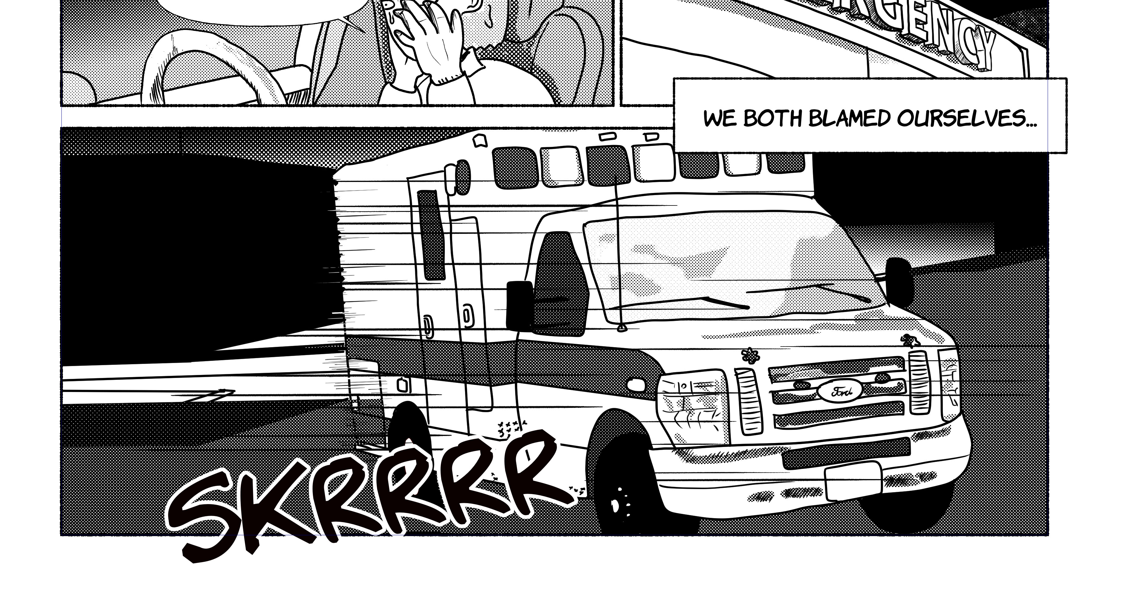 Comic panel of ambulance arriving with text 'We both blamed ourselves'